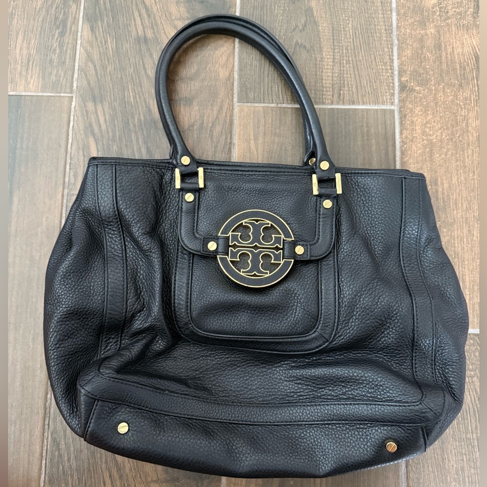 Tory Burch Black Leather Tote with Gold Logo